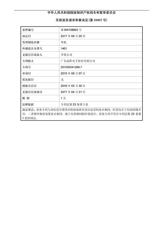 蘋果VS品勝「耳機(jī)」外觀設(shè)計(jì)專利無效決定書