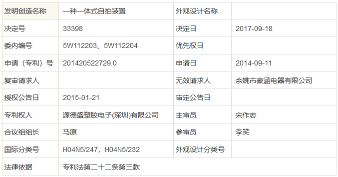 被無(wú)效10次還存活的「一種一體式自拍裝置」專利維持決定書(shū)