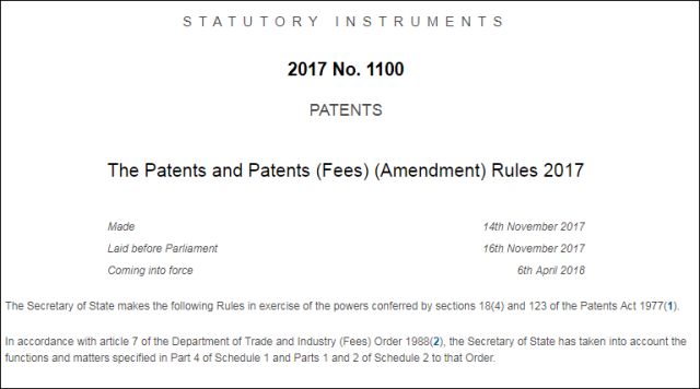 英國確立「專利官費(fèi)」收繳新標(biāo)準(zhǔn)（2018.4.6起生效）