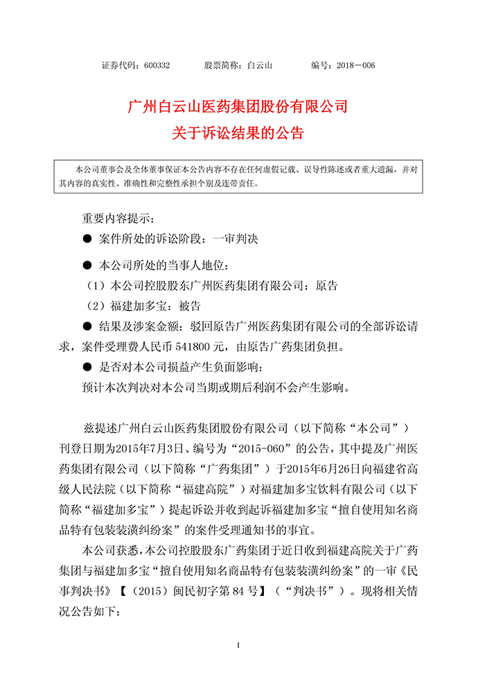 廣藥集團(tuán)訴加多寶侵權(quán)案敗訴！億元賠償?shù)仍V求全被駁回（公告全文）