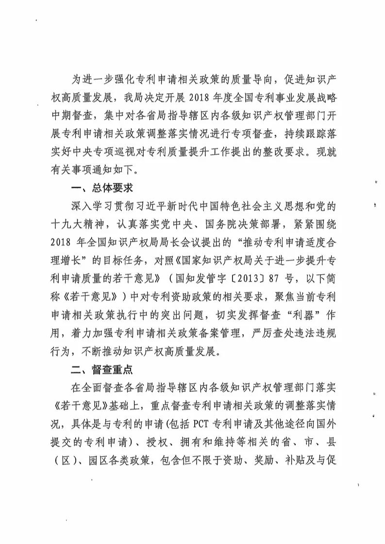 國(guó)知局：開展「專利申請(qǐng)相關(guān)政策」專項(xiàng)督查（通知全文）