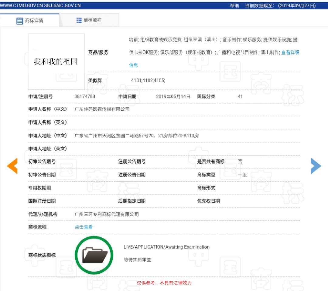 《我和我的祖國》電影出品方?jīng)]有注冊電影相關(guān)商標？