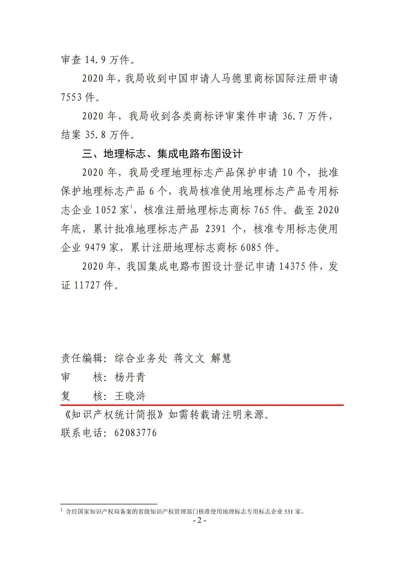 2020年度專利、商標(biāo)、地理標(biāo)志等統(tǒng)計(jì)數(shù)據(jù)簡(jiǎn)報(bào)（2021年第一期）