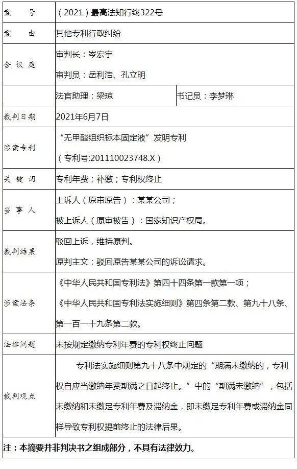 未繳足專利年費或滯納金導致專利權(quán)終止，是否合理合法？（附判決書）