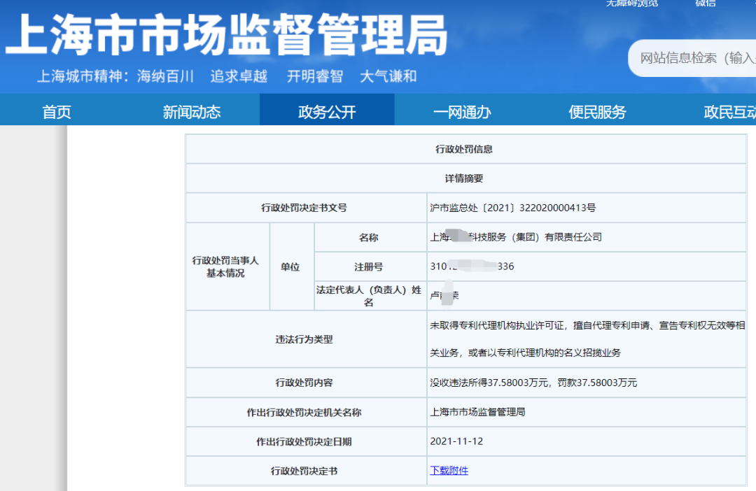 因擅自代理1138件專利申請被沒收違法所得37萬元，并罰款37萬元！