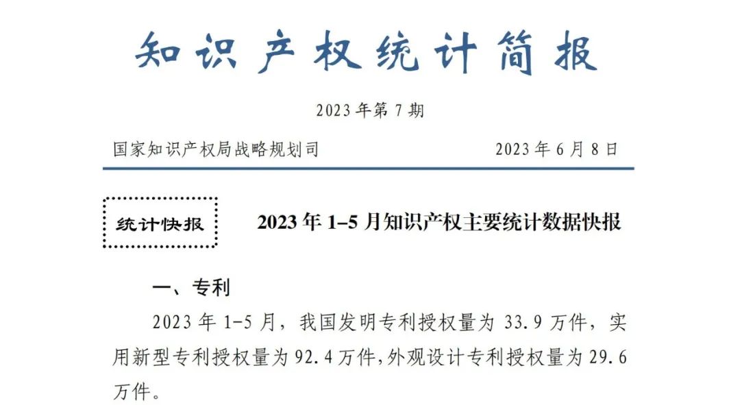 2023年1-5月專利、商標(biāo)、地理標(biāo)志等知識(shí)產(chǎn)權(quán)主要統(tǒng)計(jì)數(shù)據(jù) | 附5月數(shù)據(jù)