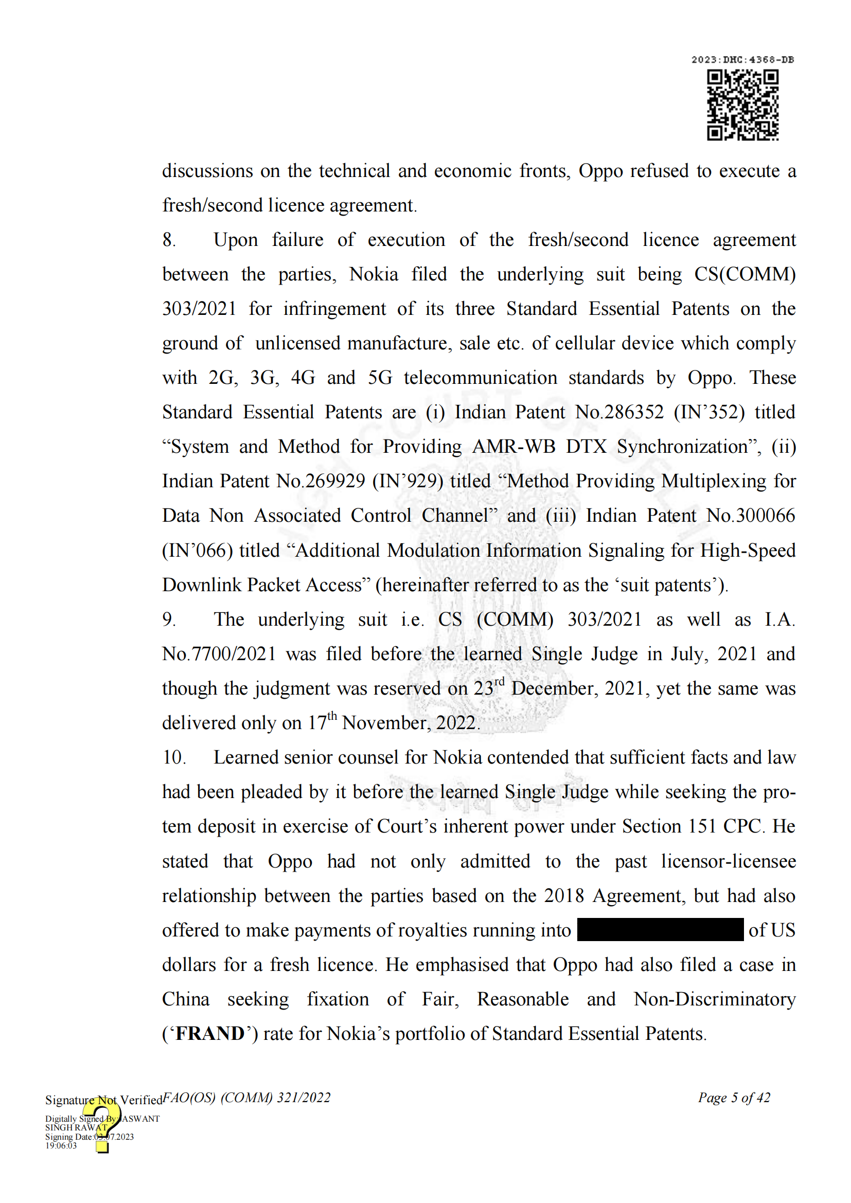最新進(jìn)展！印度高等法院要求OPPO支付保證金，因涉嫌侵犯諾基亞5G SEPs｜判決書(shū)