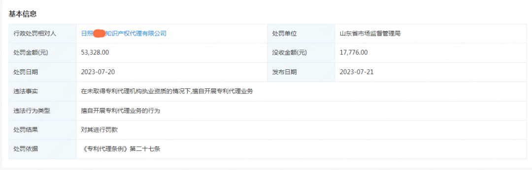 因擅自開(kāi)展專利代理業(yè)務(wù)，日照一知識(shí)產(chǎn)權(quán)代理公司被罰沒(méi)7萬(wàn)余元