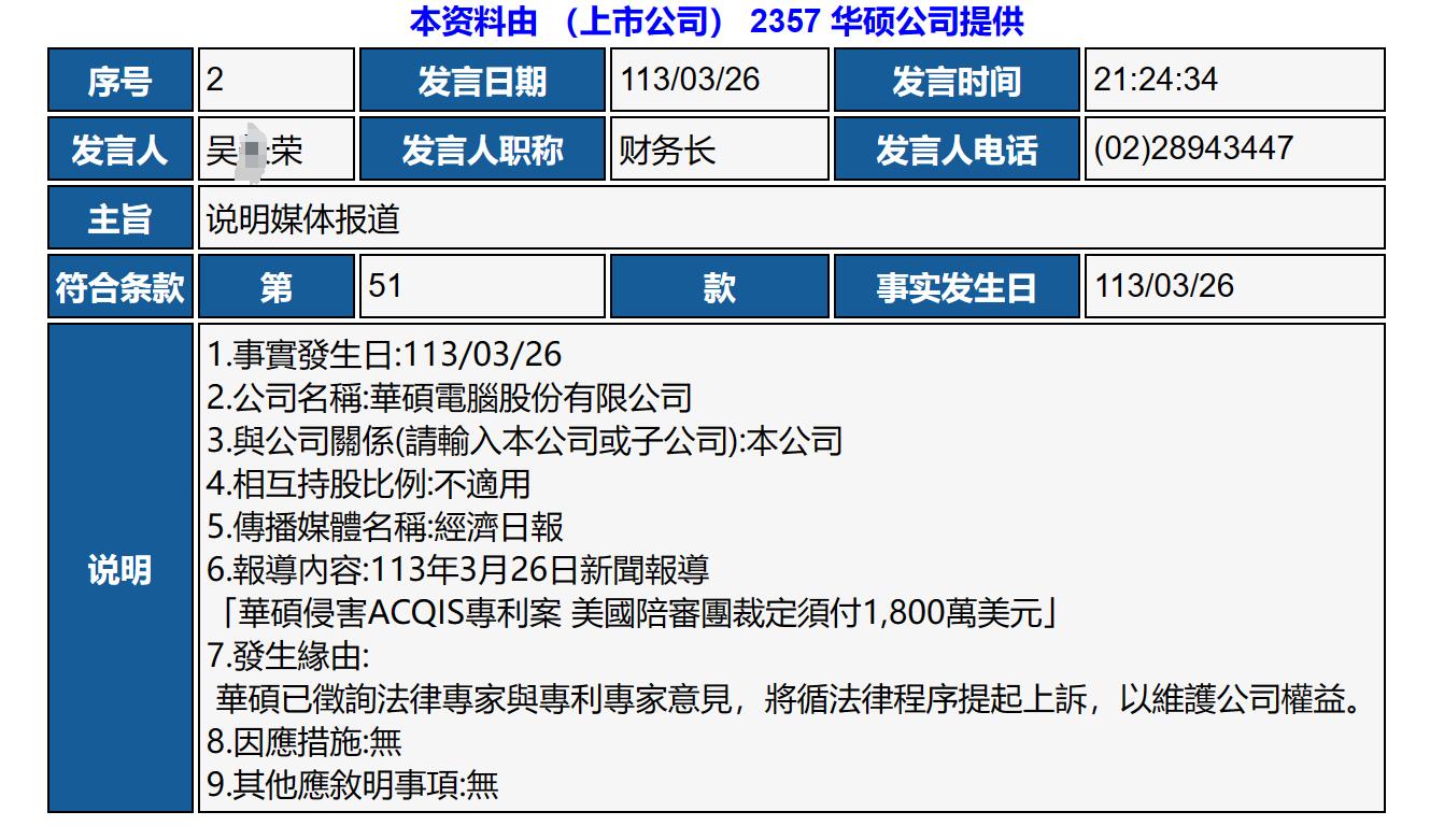 美國陪審團(tuán)判決賠償1.3億，華碩回應(yīng)……