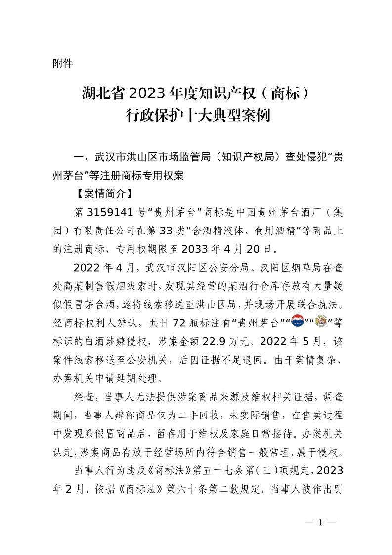 湖北省2023年度知識產(chǎn)權(quán)（商標(biāo)）行政保護(hù)十大典型案例發(fā)布！