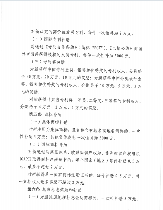 中國專利金獎獎勵30萬元！《隴南市知識產(chǎn)權(quán)保護獎勵補助辦法》來啦