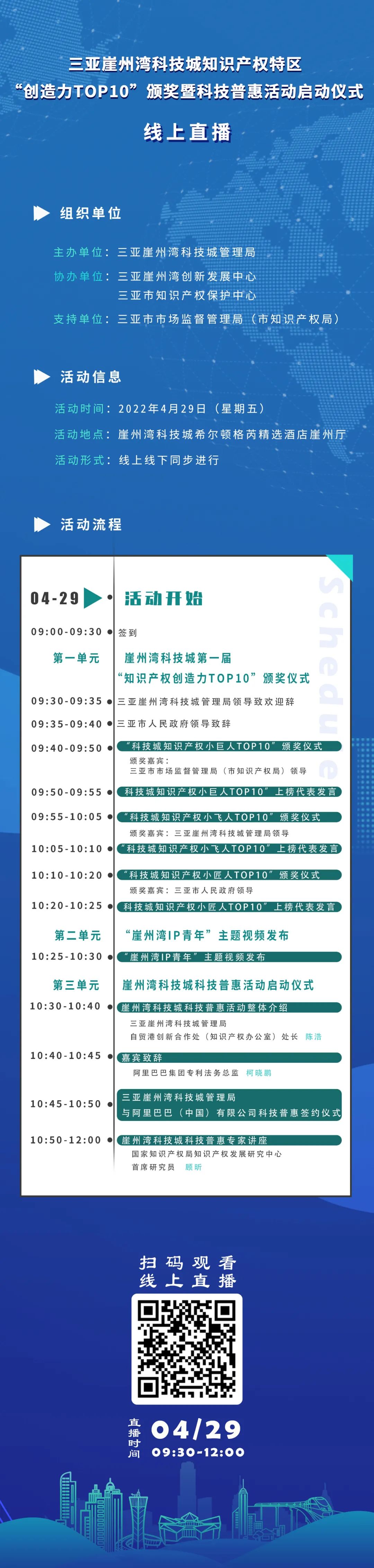 明天上午9:30直播！三亞崖州灣科技城知識(shí)產(chǎn)權(quán)特區(qū)“創(chuàng)造力TOP10”頒獎(jiǎng)暨科技普惠活動(dòng)啟動(dòng)儀式來(lái)了